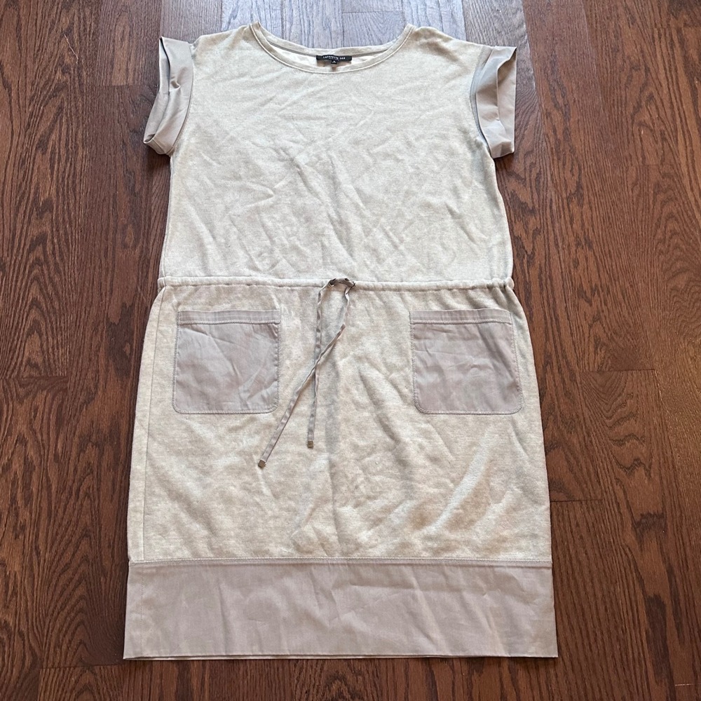 Lafayette 148 New York Grey Cotton Linen Drawstring Waist Pocket Dress Medium - Picture 2 of 11